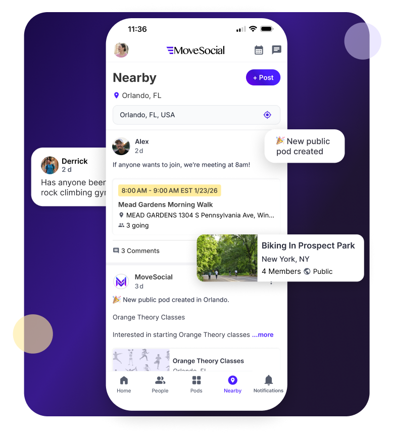 MoveSocial app showing nearby activities and public pods in Orlando, FL