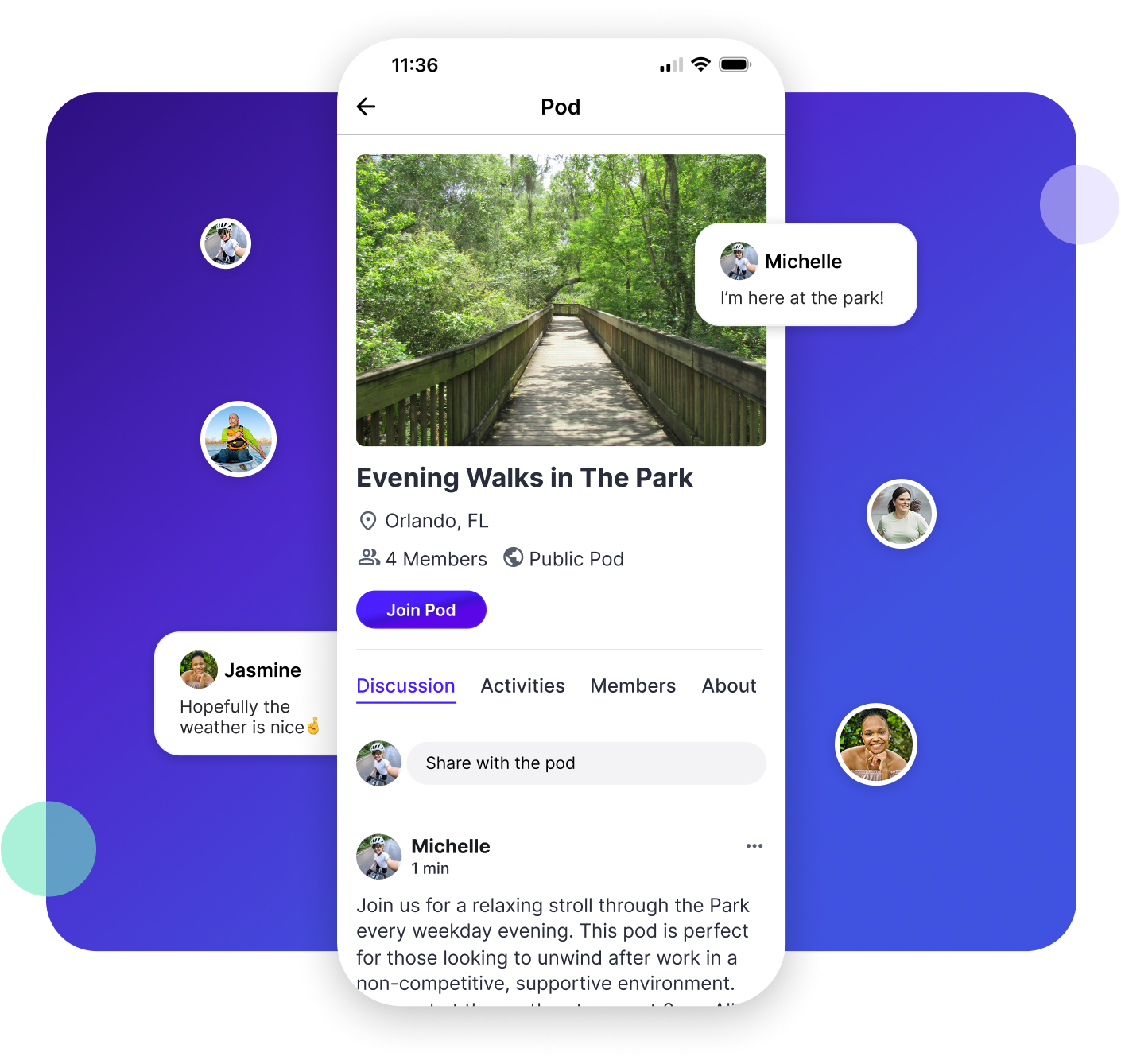 MoveSocial app showing a Pod discussion with group chat messages from members planning a morning hike