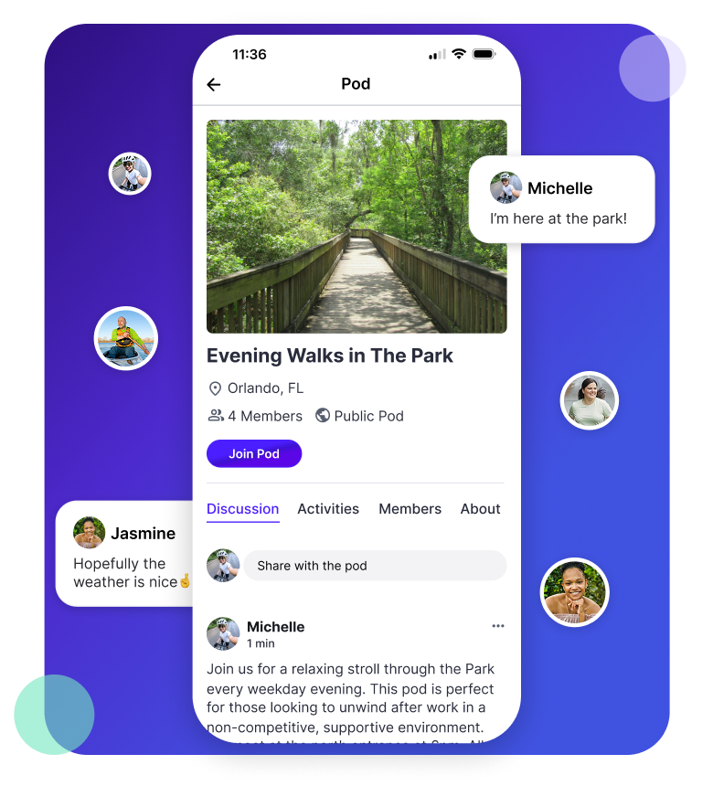 MoveSocial app showing a Pod discussion with group chat messages from members planning a morning hike