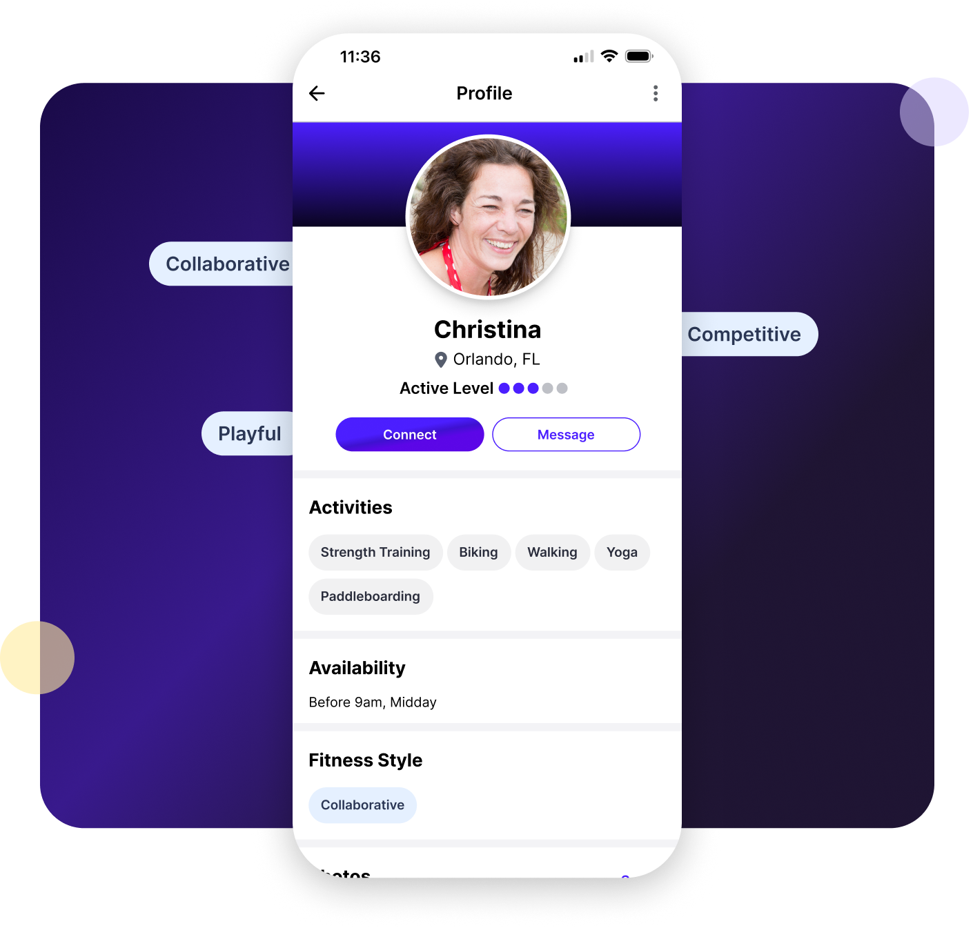 MoveSocial app showing a user profile with activity preferences, fitness style, and personal interests