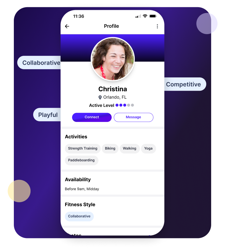MoveSocial app showing a user profile with activity preferences, fitness style, and personal interests