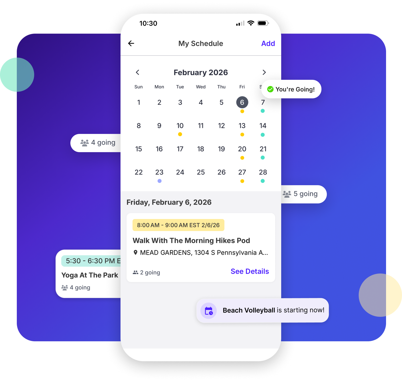 MoveSocial app showing the schedule view with upcoming activities and calendar