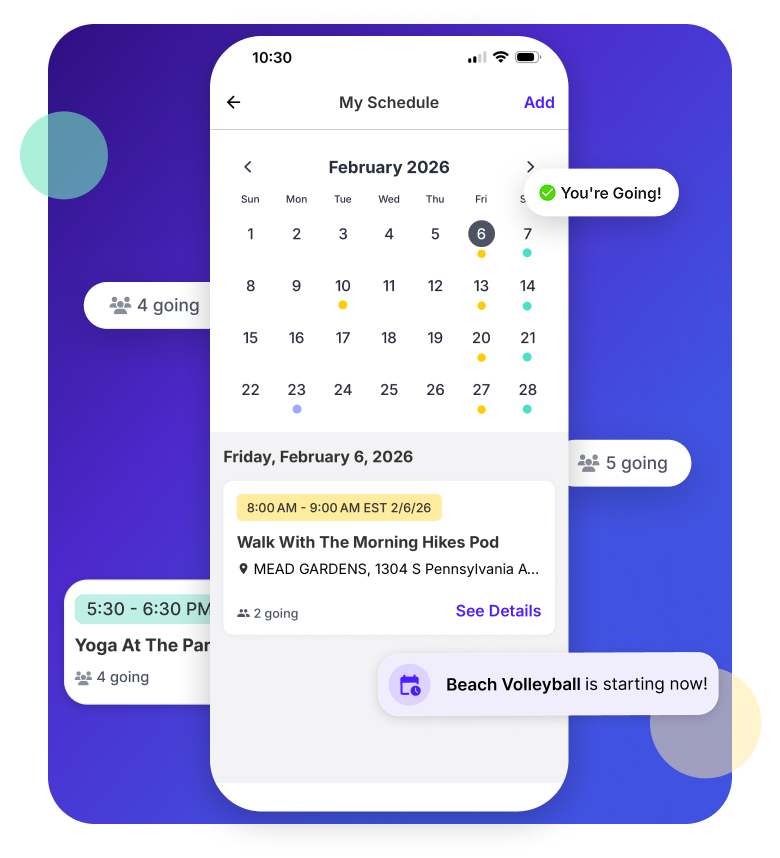 MoveSocial app showing the schedule view with upcoming activities and calendar